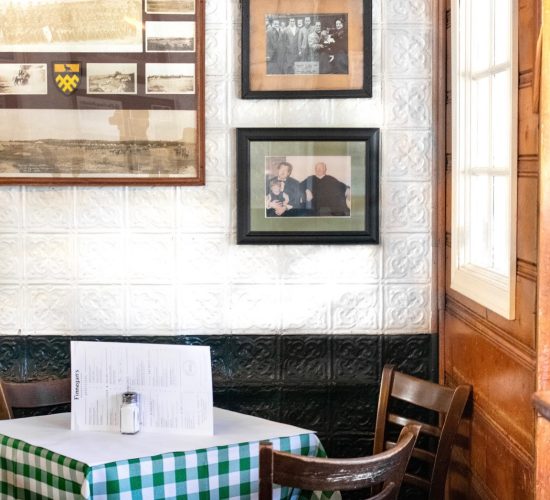 A table and chairs at Finnegan's